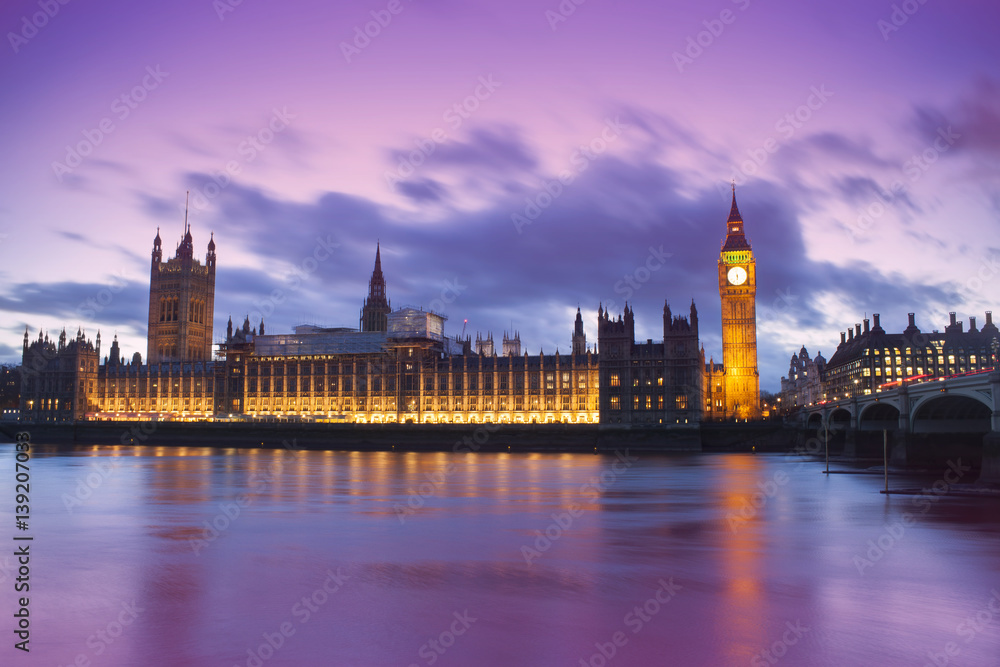 Big Ben and Houses of Parliament in a fantasy sunset landscape, London City. United Kingdom