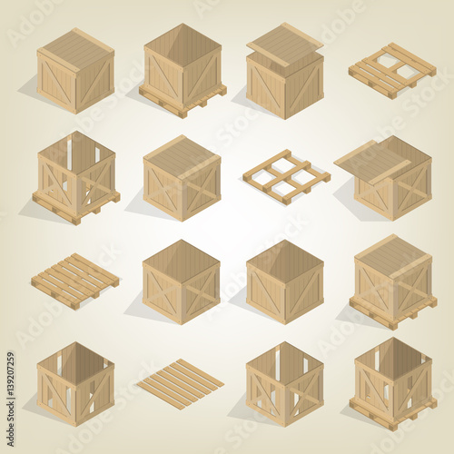 Realistic wooden box with pallet isometric, vector illustration.