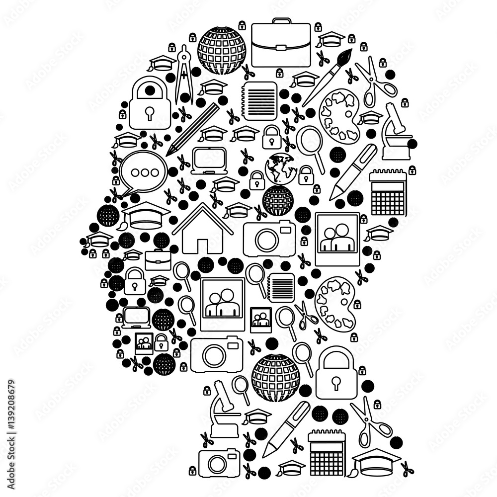 Naklejka premium monochrome human face formed by icons study vector illustration