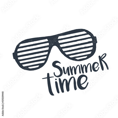 Hand drawn 90s themed badge with striped sunglasses textured vector illustration and "Summer time" inspirational lettering.