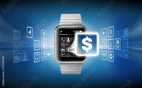 Vector illustration in a realistic style the concept of e-payments using the application on your wrist watch.