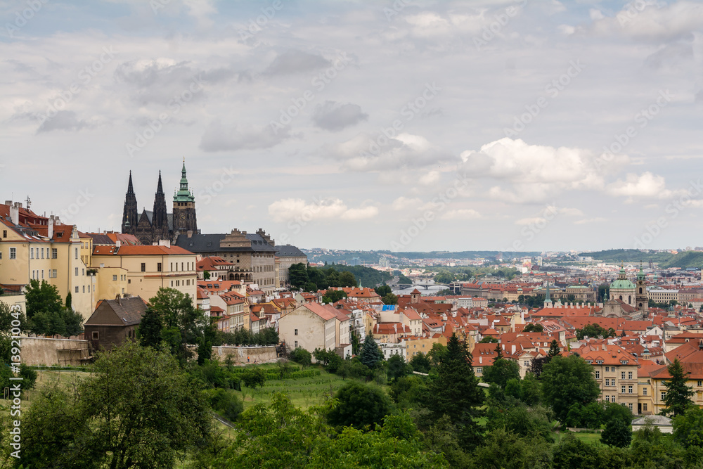 Top view to old town of Prague, historical districts and cathedral, Czech republic from an observation deck on Petrin hill.