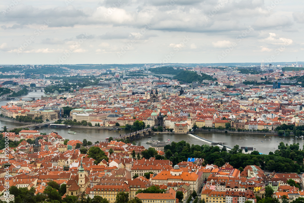 Top view to old town, Vltava and Karluv most in Prague, Czech republic from an observation deck on Petrin hill.