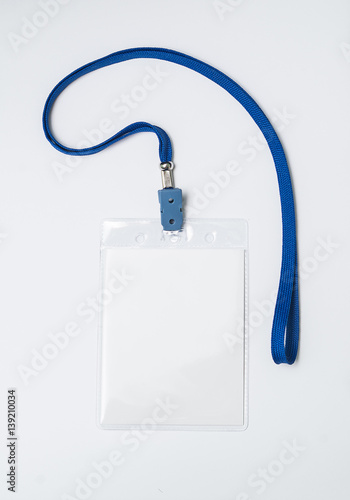 Lanyard and badge. Conference badge. Blank badge template in plastic holder with blue strap.