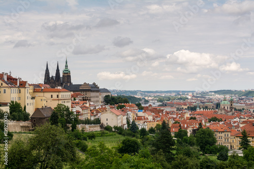 Top view to old town of Prague, historical districts and cathedral, Czech republic from an observation deck on Petrin hill.