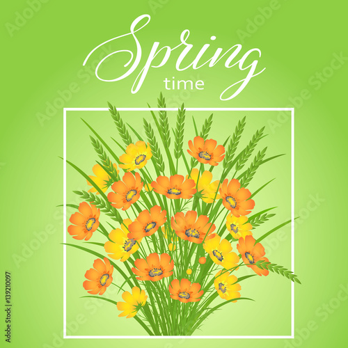 Spring pattern with flowers on a green background