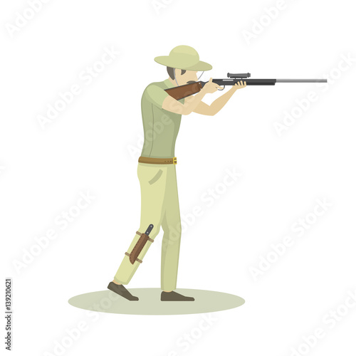 Cartoon illustration of hunter aiming rifle vector character.