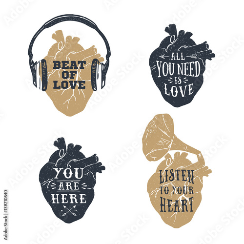 Hand drawn textured romantic posters with human heart, headphones, gramophone horn vector illustrations and lettering on the white background.
