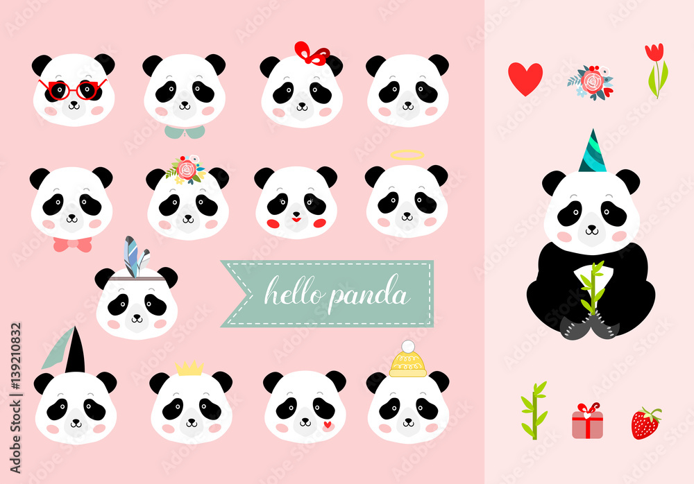 Fototapeta premium Set of panda girl heads, vector illustration
