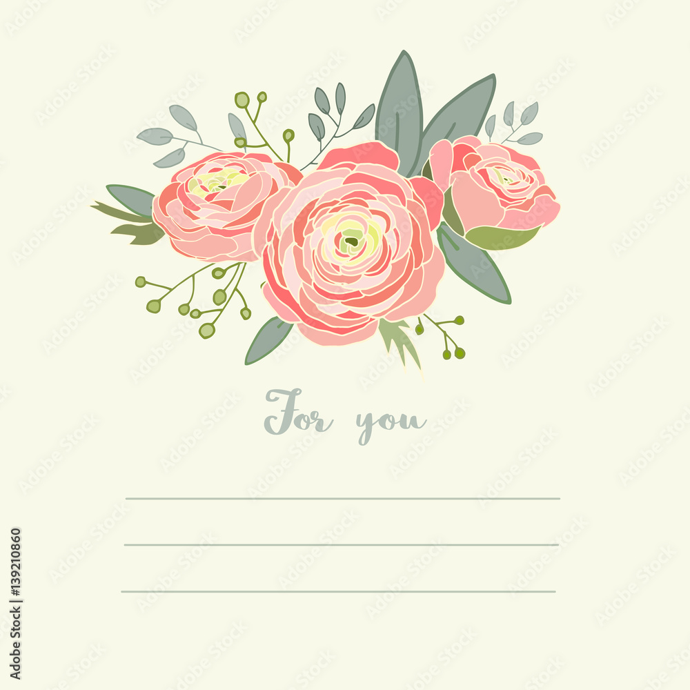 Buttercup, ranunculus, floral greeting card, vector illustration