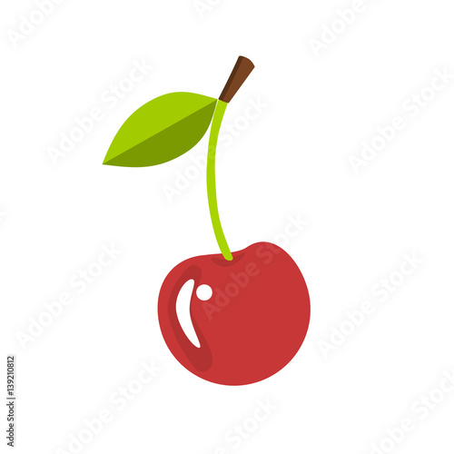 Single cherry with a leaf, isolated vector illustration