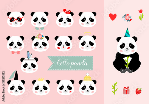 Fototapeta Naklejka Na Ścianę i Meble -  Set of panda girl heads, vector illustration