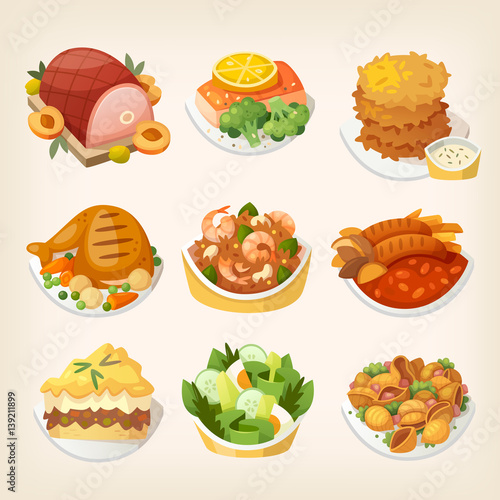 Set of colorful family dinner dishes. Tasty food for luncgh at a restaurant. Isolated vector images.