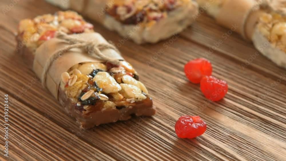 Sweet bars with a chocolate, rise and cranberry Sweet bars with a chocolate, rise and cranberry