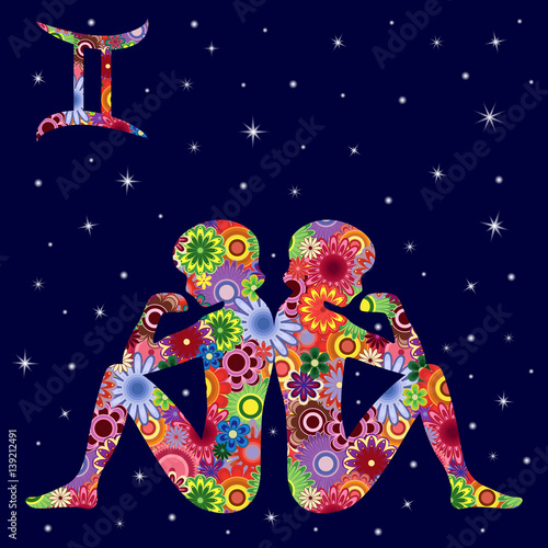 Zodiac sign Gemini with flowers fill over starry sky