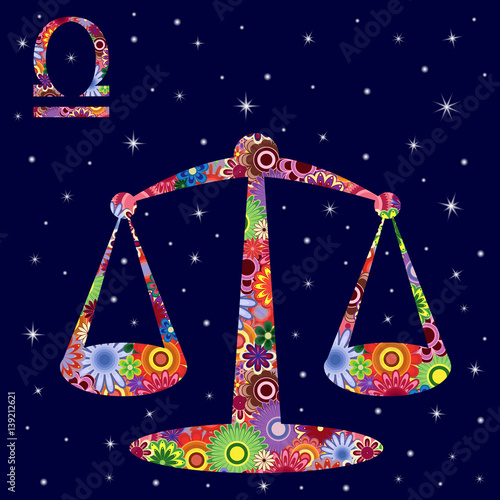 Zodiac sign Libra with flowers fill over starry sky