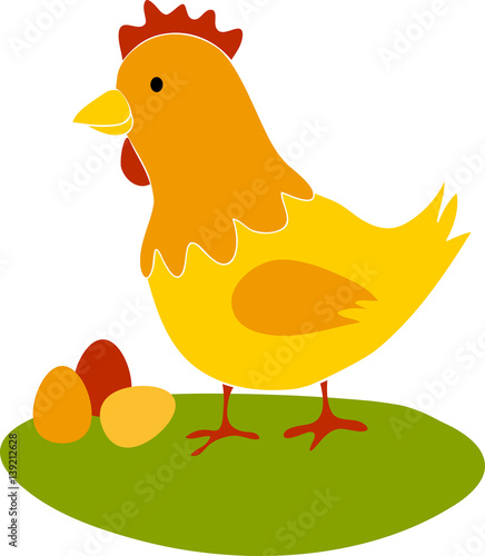 Vector illustration of a chicken. Chicken and eggs. Yellow chicken livestock.