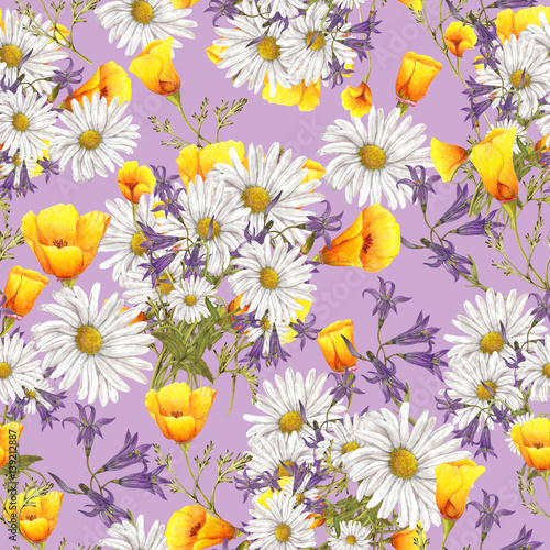 Seamless pattern of hand drawn wildflowers