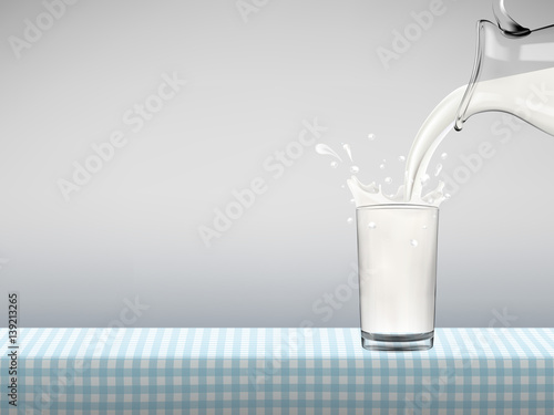 Milk pouring from jug in transparent glass with bottle standing on a table covered by blue checkered napkin in front of gray background, Healthy lifestyle vector concept illustration.