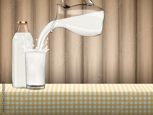 Pouring milk from jug in transparent glass and bottle on a table covered by checkered napkin in front of horizontal wooden background, Healthy lifestyle vector concept illustration.