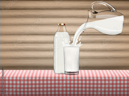 Milk pouring from jug in transparent glass with bottle standing on a table covered by red checkered napkin in front of horizontal wooden background, Healthy lifestyle vector concept illustration.