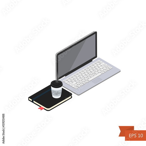 Laptop, notebook and coffee cup. Isometric.