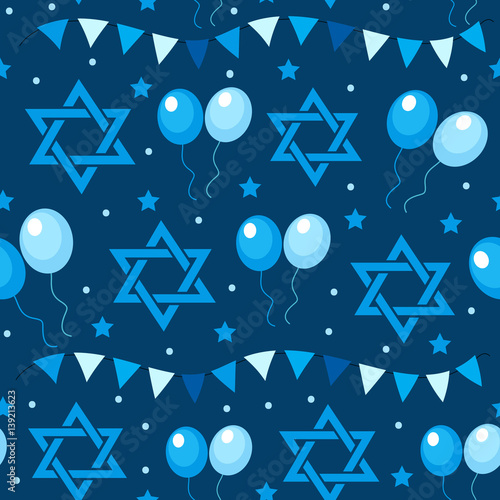 Happy Israel Independence Day seamless pattern with flags and bunting. Jewish Holidays endless background, texture. Jewish backdrop. Vector illustration