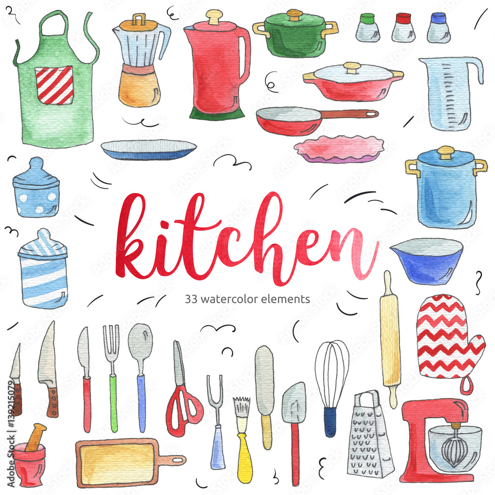 Watercolor kitchenware and tools Watercolor kitchenware and tools