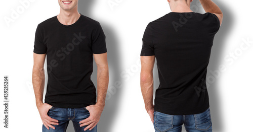 Shirt design and people concept - close up of young man in blank black t-shirt isolated.