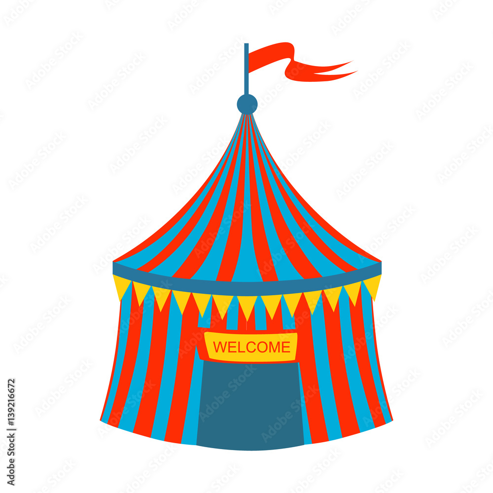 Blue And Red Stripy Circus Tent, Part Of Amusement Park And Fair Series Of Flat Cartoon Illustrations