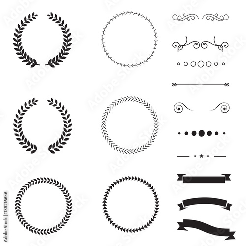 Set of design elements. Gold ornament, ribbons, corners, borders, design elements for decoration.