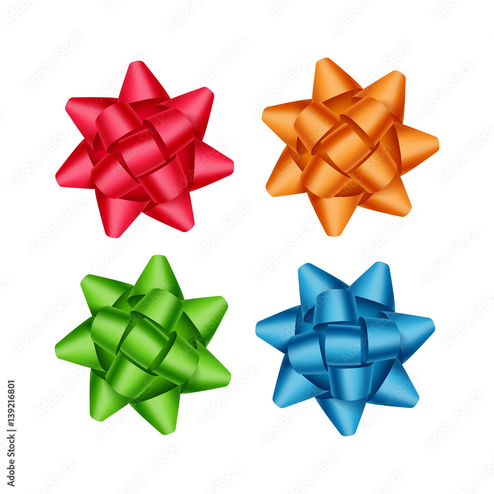 Vector Set of Bright Red Scarlet Orange Green Blue Gift Ribbon Bows Close up Isolated on White Background Vector Set of Bright Red Scarlet Orange Green Blue Gift Ribbon Bows Close up Isolated on White Background