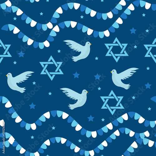 Happy Israel Independence Day seamless pattern with flags and bunting. Jewish Holidays endless background, texture. Jewish backdrop. Vector illustration