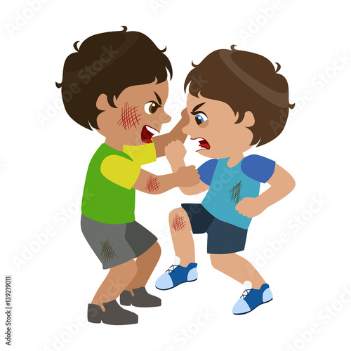 Two Boys Fighting And Scratching, Part Of Bad Kids Behavior And Bullies Series Of Vector Illustrations With Characters Being Rude And Offensive