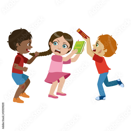 Two Boys Bullying A Girl, Part Of Bad Kids Behavior And Bullies Series Of Vector Illustrations With Characters Being Rude And Offensive