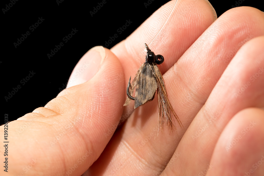 Obraz premium fly to catch fish in a hand on a black background