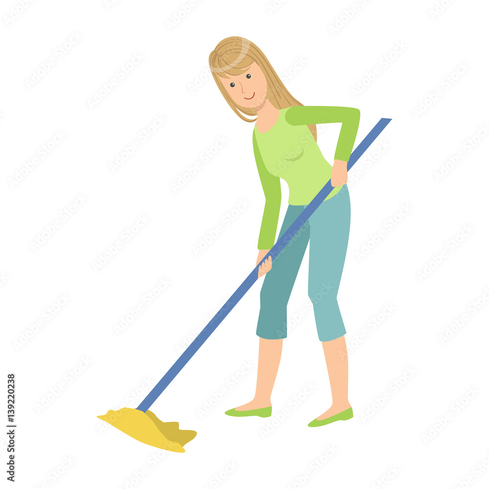 Vettoriale Stock Woman Washing Floor With The Mop, Cartoon Adult Characters  Cleaning And Tiding Up | Adobe Stock