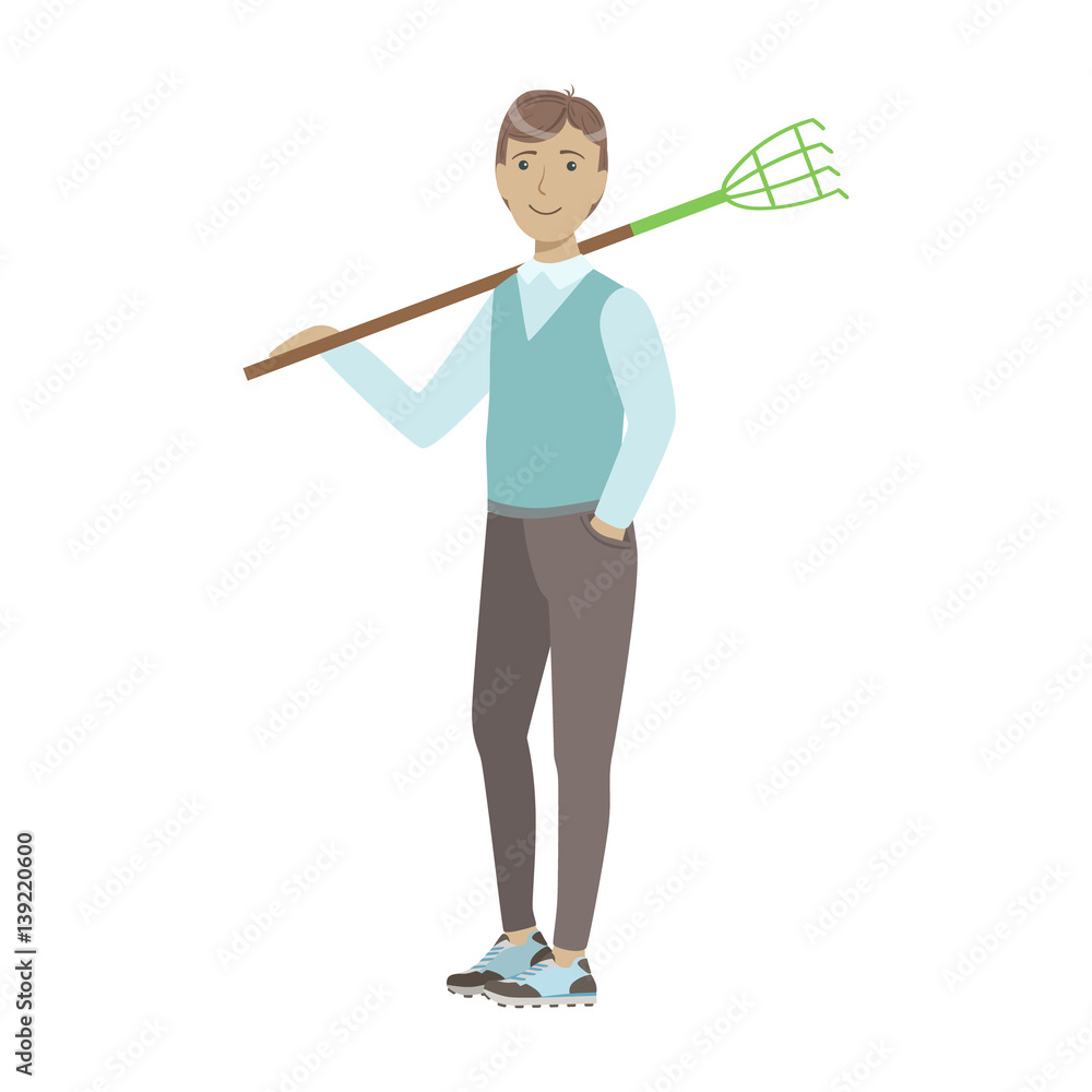 Man Holding Rake On His Shoulder, Cartoon Adult Characters Cleaning And Tiding Up Man Holding Rake On His Shoulder, Cartoon Adult Characters Cleaning And Tiding Up