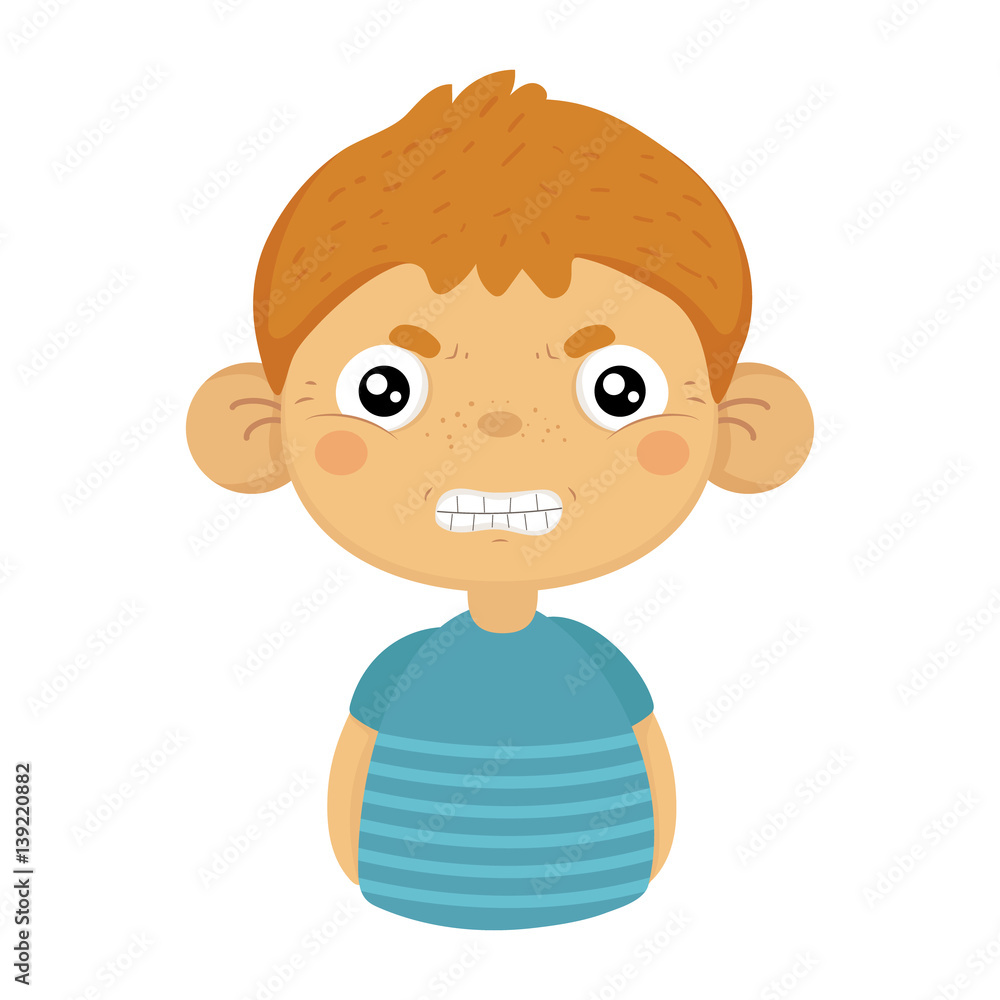 Obraz premium Angry Cute Small Boy With Big Ears In Blue T-shirt, Emoji Portrait Of A Male Child With Emotional Facial Expression