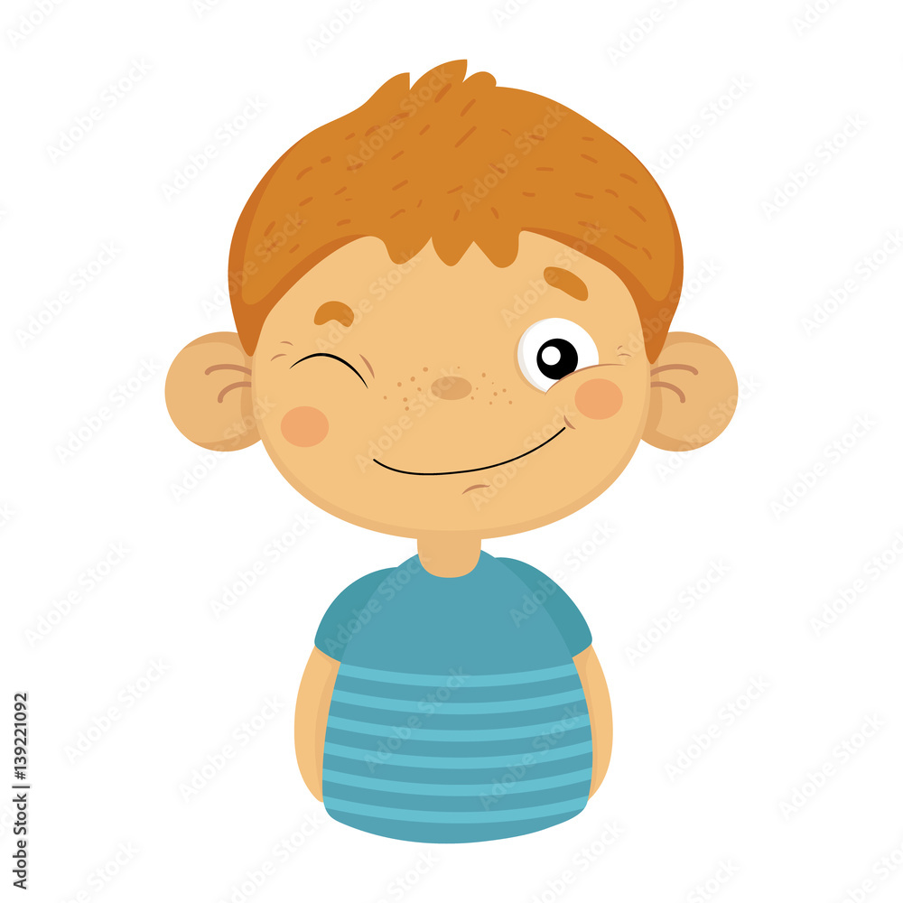 Naughty Winking Cute Small Boy With Big Ears In Blue T-shirt, Emoji Portrait Of A Male Child With Emotional Facial Expression