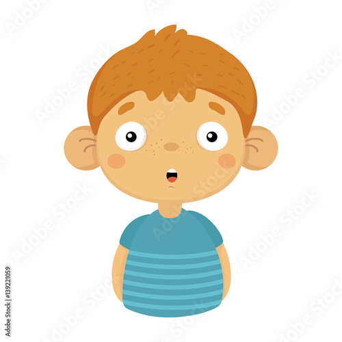 Impressed And Surprised Cute Small Boy With Big Ears In Blue T-shirt, Emoji Portrait Of A Male Child With Emotional Facial Expression