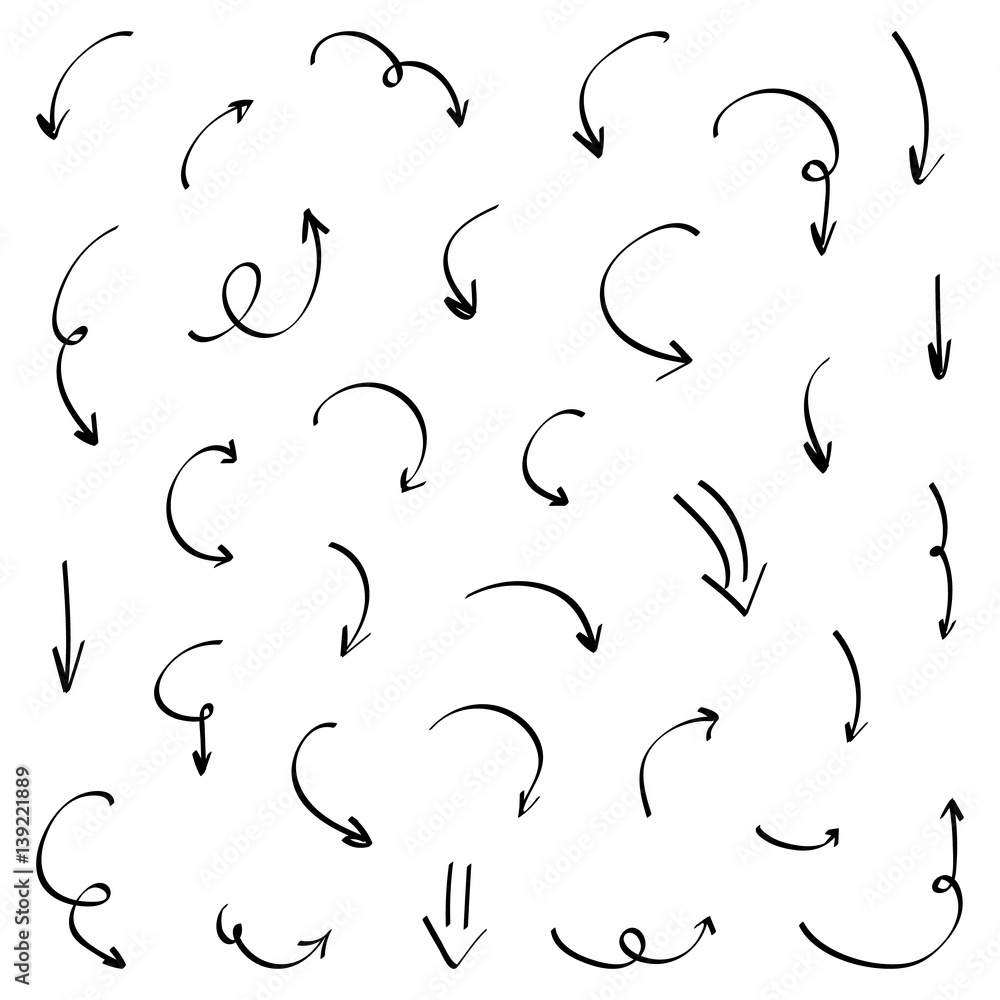 Set, collection of black hand-drawn arrows isolated on white background. Set, collection of black hand-drawn arrows isolated on white background.