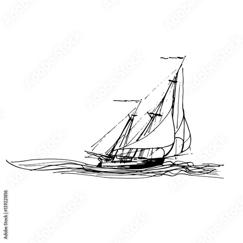 Sailing ship or boat in the ocean in ink line style. Hand sketched yacht. Marine theme design.