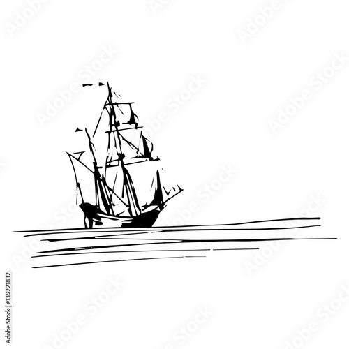 Sailing ship in the ocean in ink line style. Hand sketched schooner or sloop. Marine theme design.
