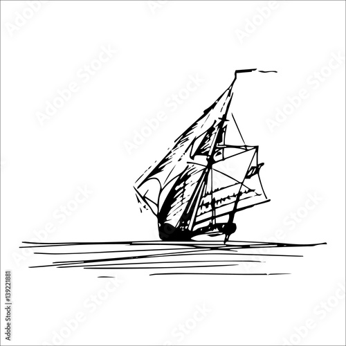 Sailing ship in the ocean in ink line style. Hand sketched schooner or sloop. Marine theme design.