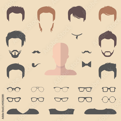 Big vector set of flat dress up constructor with different men haircuts, glasses, beard etc. Male faces icon creator
