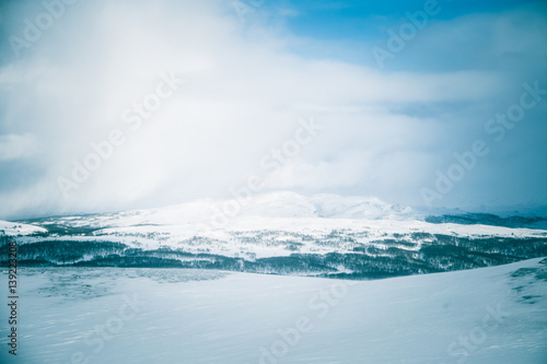 A beautiful winter landscape with mountains in the distance