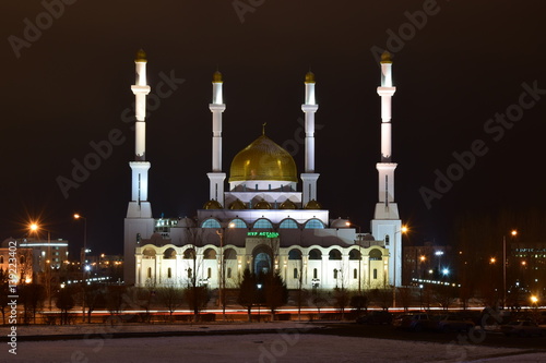 The NUR ASTANA mosque in Astana, capital of Kazakhstan, at night