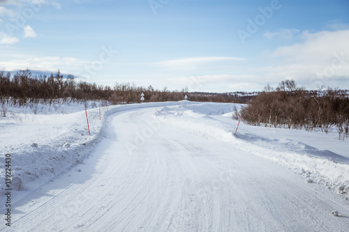 A beautiful landscape with a white road in the Norwegian winter