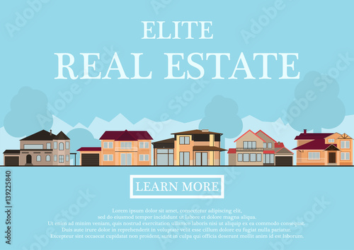 Vector illustration of cute houses for rent or sale in flat building style. background with blue pastel colors. country views with trees and shrubs. Banner for a website selling luxury real estate